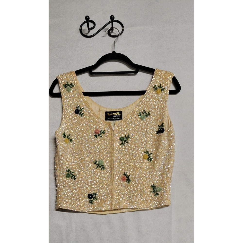 Vintage Sequin And Beaded Floral Trim Zip Up Tank Top Size S